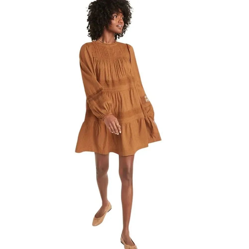 Old Navy gold long sleeve pintuck clip dot mini swing dress size M